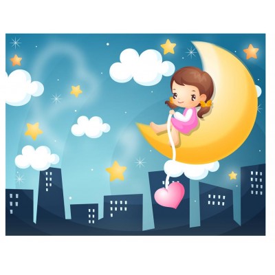 Gece Ay Üzerinde Küçük Kız 3 Boyutlu Duvar Kağıdı