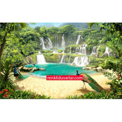 Tavus Kuşu Şelale 3 Boyutlu Duvar Kağıdı 