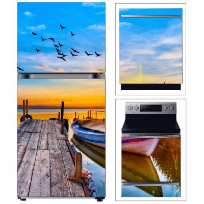 BUZDOLABI FIRIN VE BULAŞIK MAKİNESİ KAPAK DENİZ TEKNE MANZARA FOLYO KAPLAMA STİCKER 3'LÜ SET