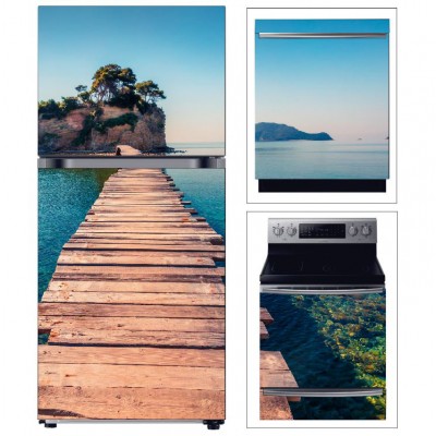 BUZDOLABI FIRIN VE BULAŞIK MAKİNESİ KAPAK DENİZ MANZARA YAPRAK FOLYO KAPLAMA STİCKER 3'LÜ SET