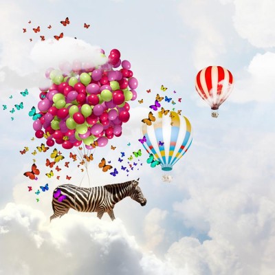 Bulutların İçinde Balonlar ve Zürafa Bebek 3 Boyutlu Duvar Kağıdı 