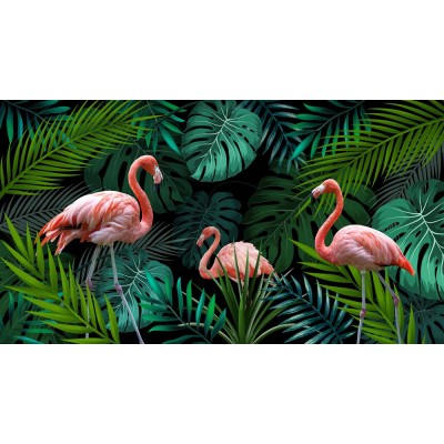 Tropikal Yapraklar Arasında Üçlü Flamingo 3 Boyutlu Duvar Kağıdı 