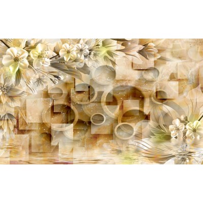 Turuncu-Krem Arka Plan Beyaz Çiçekler 3 Boyutlu Duvar Kağıdı