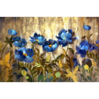 Mavi Çiçekler Krem-Sarı Arka Plan 3 Boyutlu Duvar Kağıdı