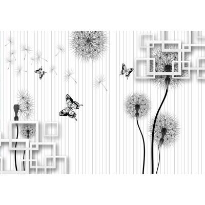 Siyah-Beyaz Hindiba Çiçekler 3 Boyutlu Duvar Kağıdı