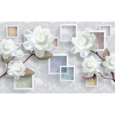 Beyaz Güller Ve Kareler 3 Boyutlu Duvar Kağıdı