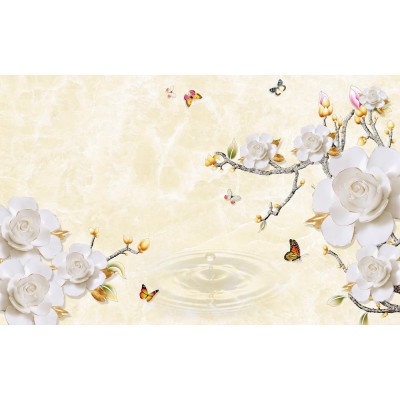 Beyaz Çiçekler Renkli Kelebekler 3 Boyutlu Duvar Kağıdı