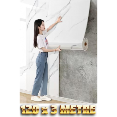 120cm x 3 Metre Rulo Premium Beyaz Mermer Desenli Yapışkanlı Duvar Paneli Kağıdı Ev Ofis BASIC