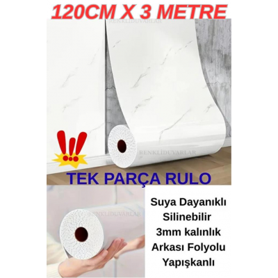 120cmx300cm Rulo Basıc Parlak Beyaz Mermer Desenli Yapışkanlı Duvar Paneli Kağıdı Banyo Wc Kaplama