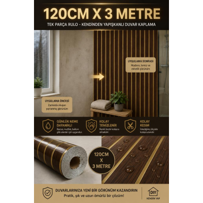 120cm x 3 METRE Tek Parça Yapışkanlı Rulo Gold Çizgili Düz Parlak Duvar Paneli Kağıdı Taksim QM0133