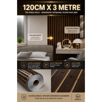 120cmx 3 METRE  Yapışkanlı Rulo Gold Çizgili Eskitme Parlak Duvar Paneli Kağıdı Pendik QM0140