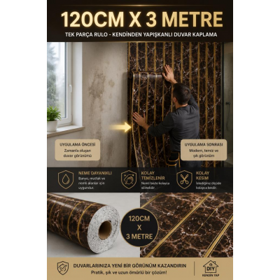 120cm x 3 METRE Yapışkanlı Rulo Gold Çizgili Mermer Desenli Duvar Paneli Kağıdı Beykent QM0134