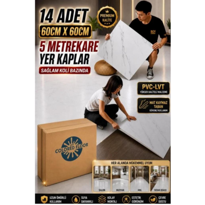 14 Adet 60X60cm Kırık Beyaz Mermer Desen Floor Pvc-Lvt Yapışkanlı Yer Kaplama Parkesi Kauçuklu 6216