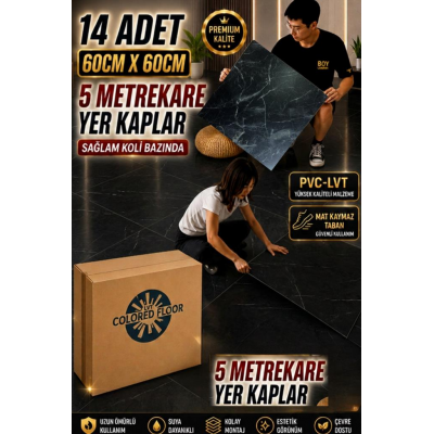 14 Adet 60X60cm Siyah Mermer Desenli Floor Pvc-Lvt Yapışkanlı Yer Kaplama Parkesi Kauçuklu S74-p