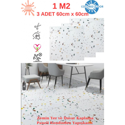 1m2 3 Adet 60X60cm Floor Benekli Yapışkanlı Zemin ve Duvar Kaplama Paneli Arkası Kauçuklu Pvc WC 609