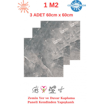 1m2 3 Adet 60X60cm Floor Yapışkanlı Zemin ve Duvar Kaplama Paneli Arkası Kauçuklu Pvc WC Paneli 617
