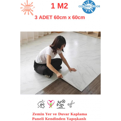 1m2 3 Adet 60X60cm Floor Yapışkanlı Zemin ve Duvar Kaplama Paneli Arkası Kauçuklu Pvc WC Paneli 6216