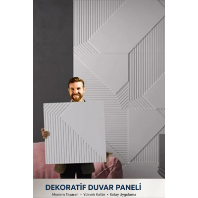 50cmx50cm 1Adet Beyaz 3D Abs Çizgili Desenli PVC Dayanıklı Duvar Paneli Silinebilir Lambiri Model