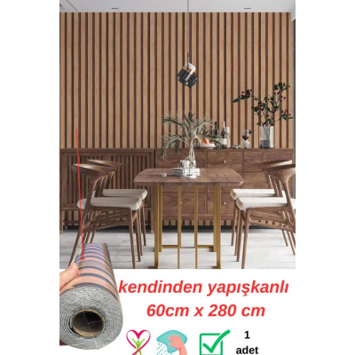 60cm x 280cm 1 Adet Kendinden Yapışkanlı Koyu Kahverengi Lambiri Desenli Duvar Paneli Kağıdı GS8005