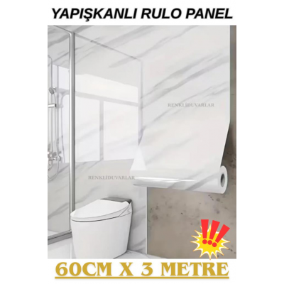 60cm x 3 Metre Tek Parça Rulo Shiny Beyaz Mermer Desenli Banvo Salon Yapışkanlı Duvar Paneli Kağıdı
