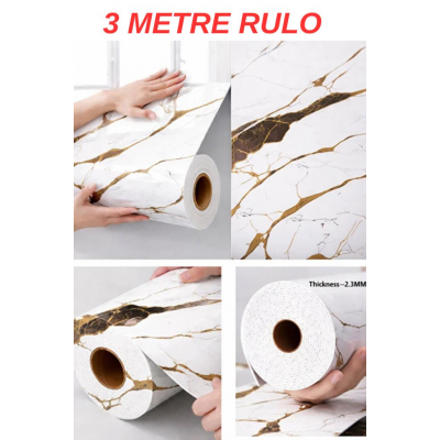 60cm x 3 Metre Tek Parça Yapışkanlı Rulo Gold Mermer Desenli Duvar Paneli Kağıdı Silinebilir TJJC