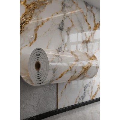 60cm x 3 Metre Tek Parça Yapışkanlı Rulo Gold Mermer Desenli Duvar Paneli Kağıdı Silinebilir TJJC