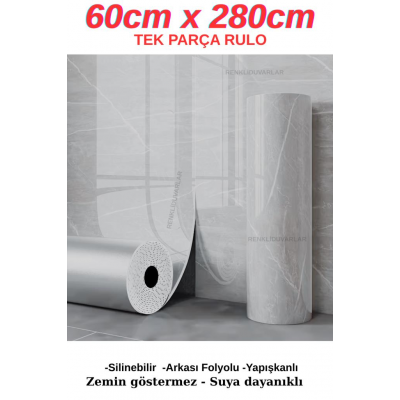 60cmx280cm Tek Parça Rulo Açık Gri Mermer Desenli Banvo Wc Yapışkanlı Duvar Paneli Kağıdı