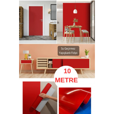 67cm x 10Metre 1 Adet Rulo Folyo Yapışkanlı Düz Kırmızı Mutfak Duvar Kaplama Folyosu Kağıdı