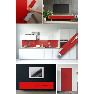 67cm x 10Metre 1 Adet Rulo Folyo Yapışkanlı Düz Kırmızı Mutfak Duvar Kaplama Folyosu Kağıdı