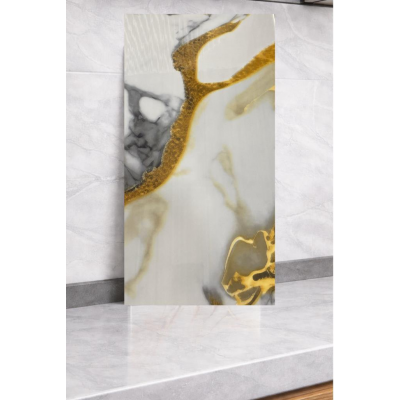 Shiny Naturel Gold Mermer Desenli 60x30cm Yapışkanlı Mutfak Banyo Kaplama Duvar Paneli Kağıdı TJJC00